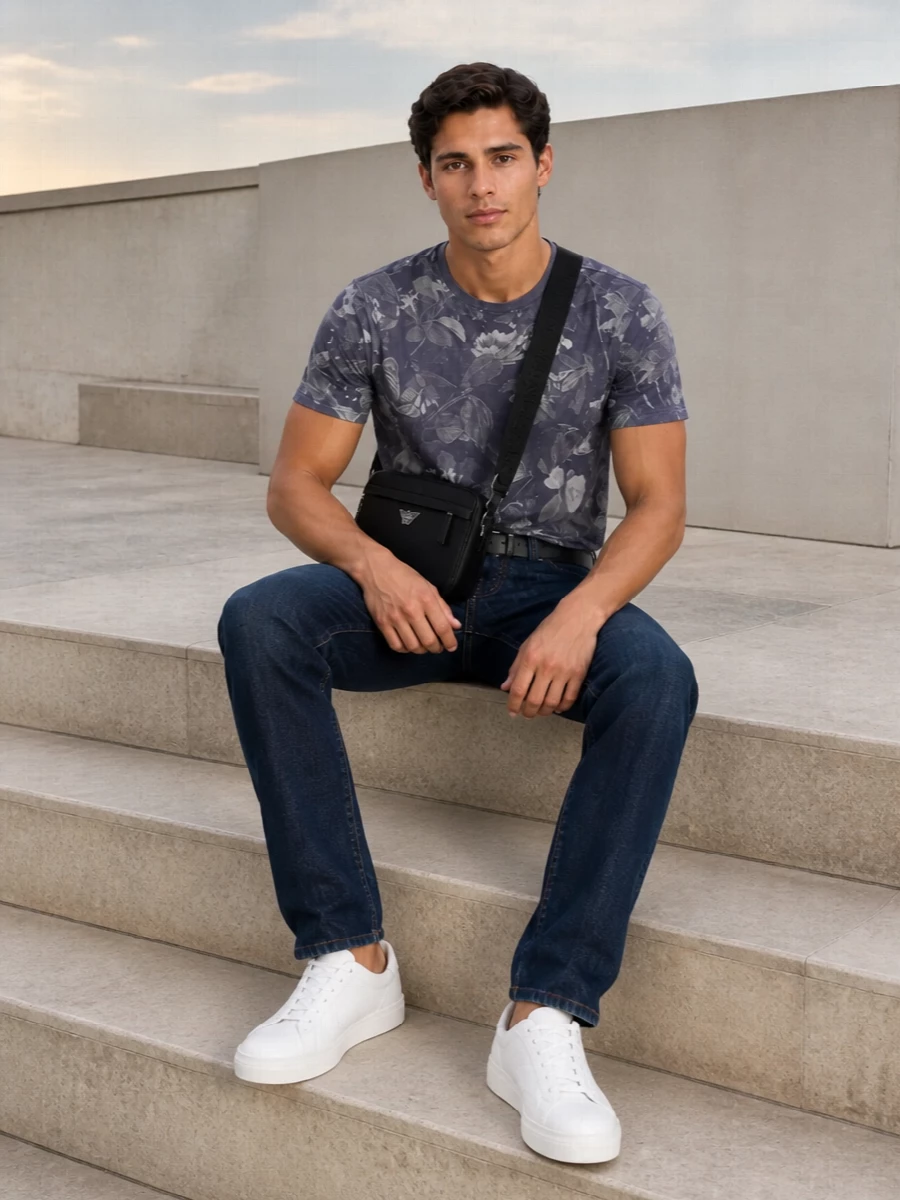 Emporio armani floral tee dark indigo jeans sneakers
