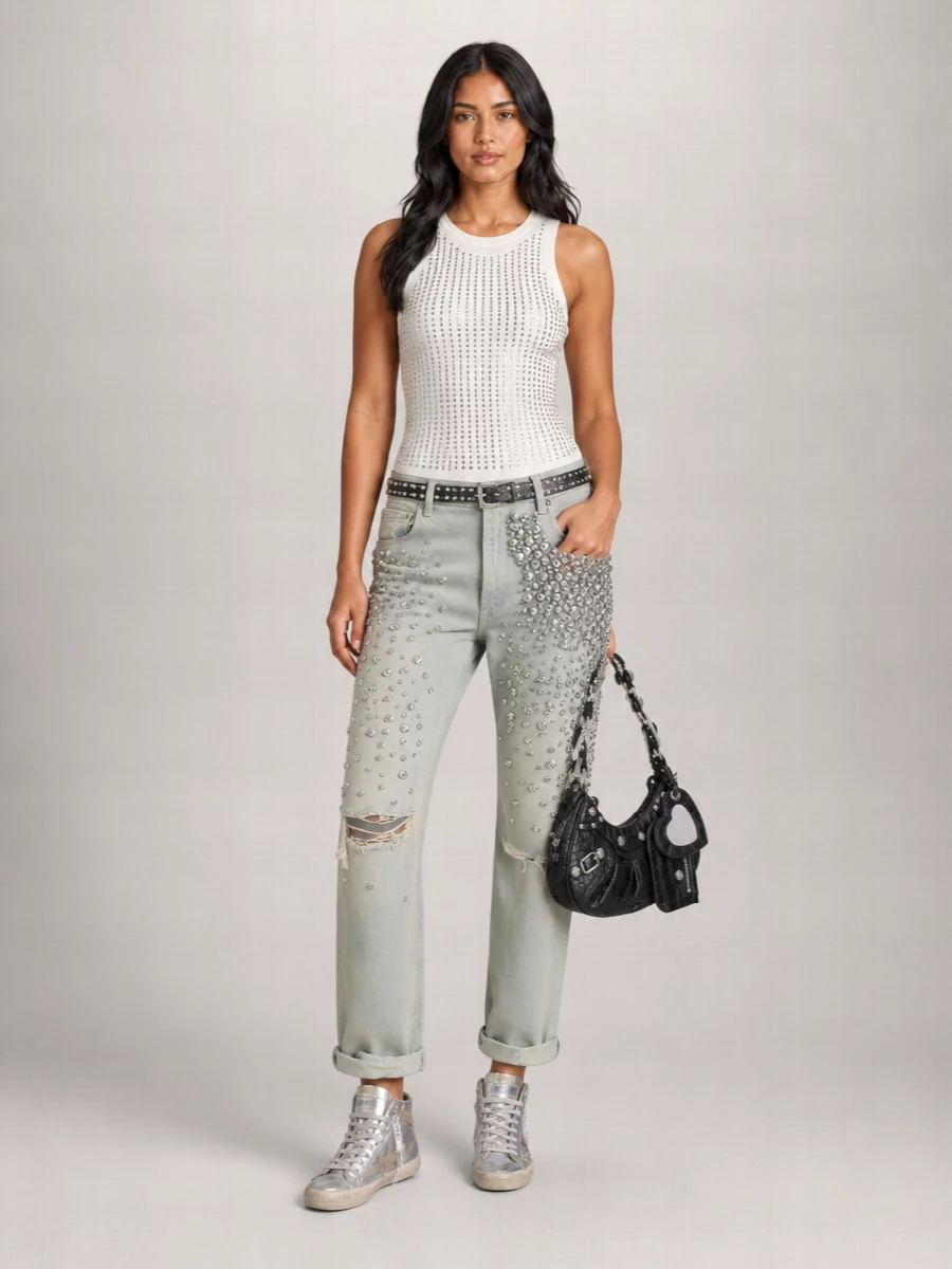 Golden Goose Shiny Rhinestone Embellished Baggy Jeans