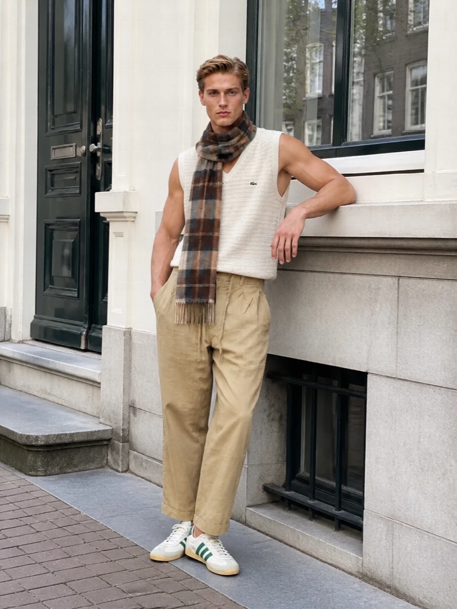 Lacoste cricket vest polo sand trousers outfit