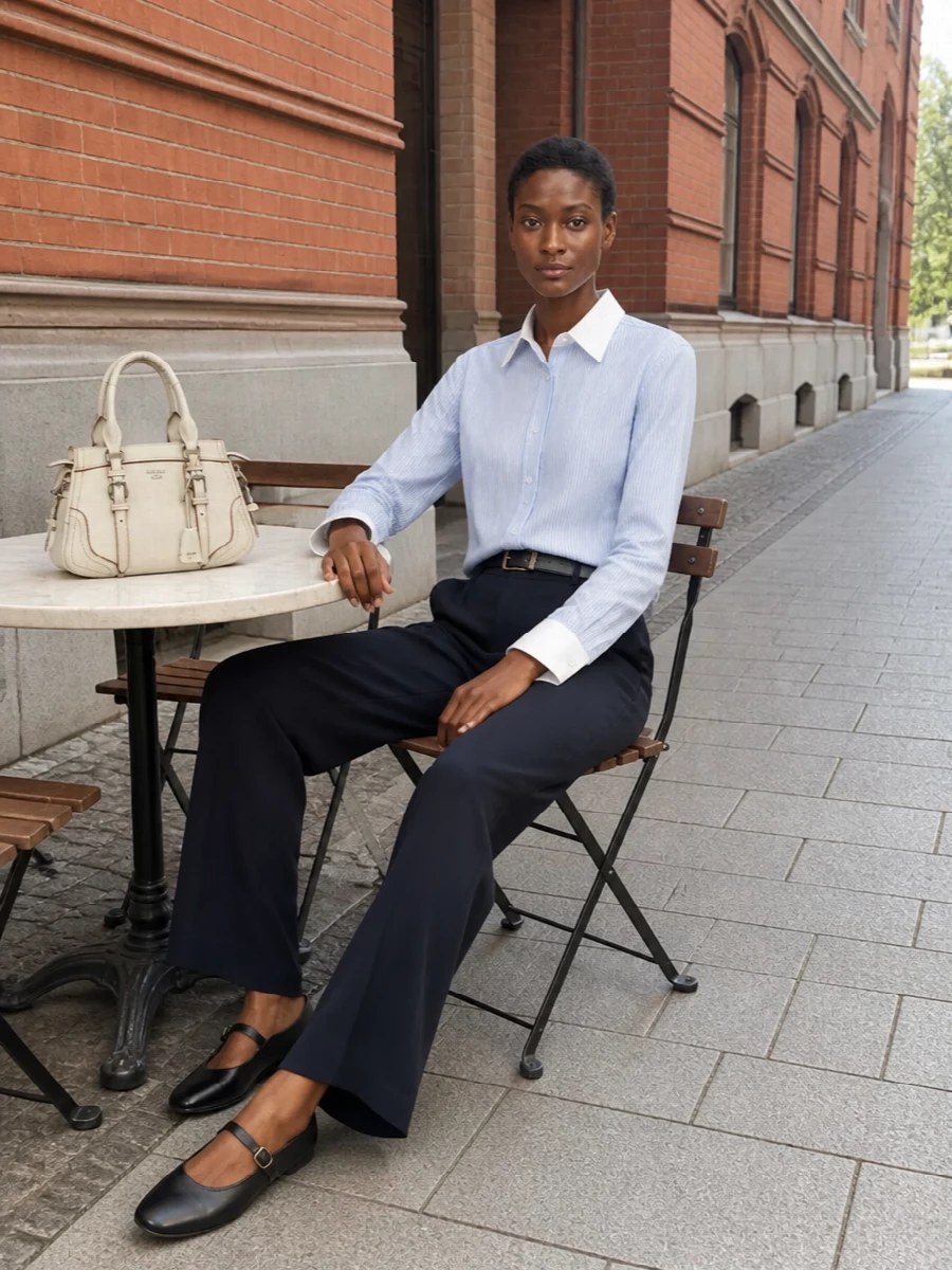 The row striped shirt navy wide leg trousers outfit