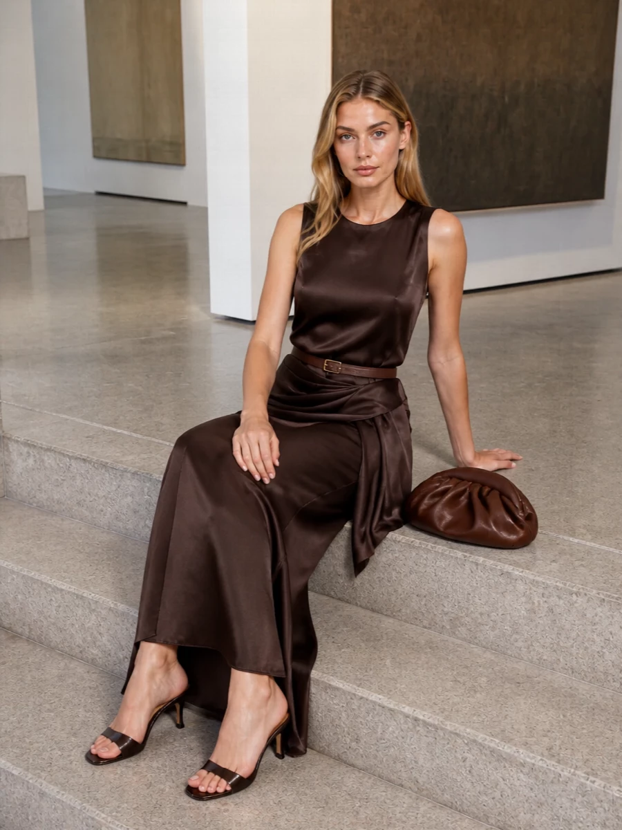 Loulou studio chocolate satin outfit paris texas heels