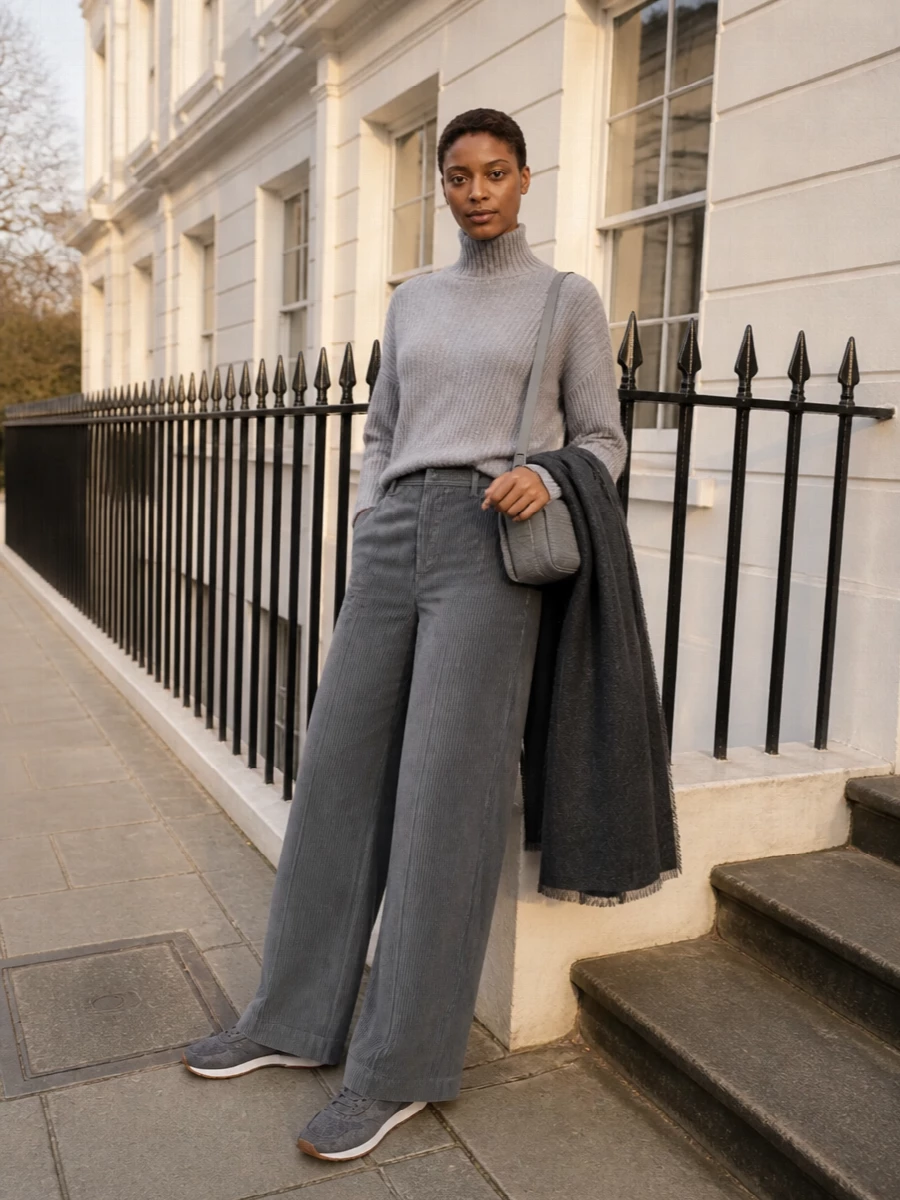 Soft heather grey meets slate corduroy for a tonal, cocooned outfit that feels relaxed yet quietly precise. The wide-leg trouser grounds the shimmer in the knit, while streamlined grey sneakers and a compact shoulder bag keep everything modern and city-ready. It is an understated winter uniform built on texture, nuance and ease.