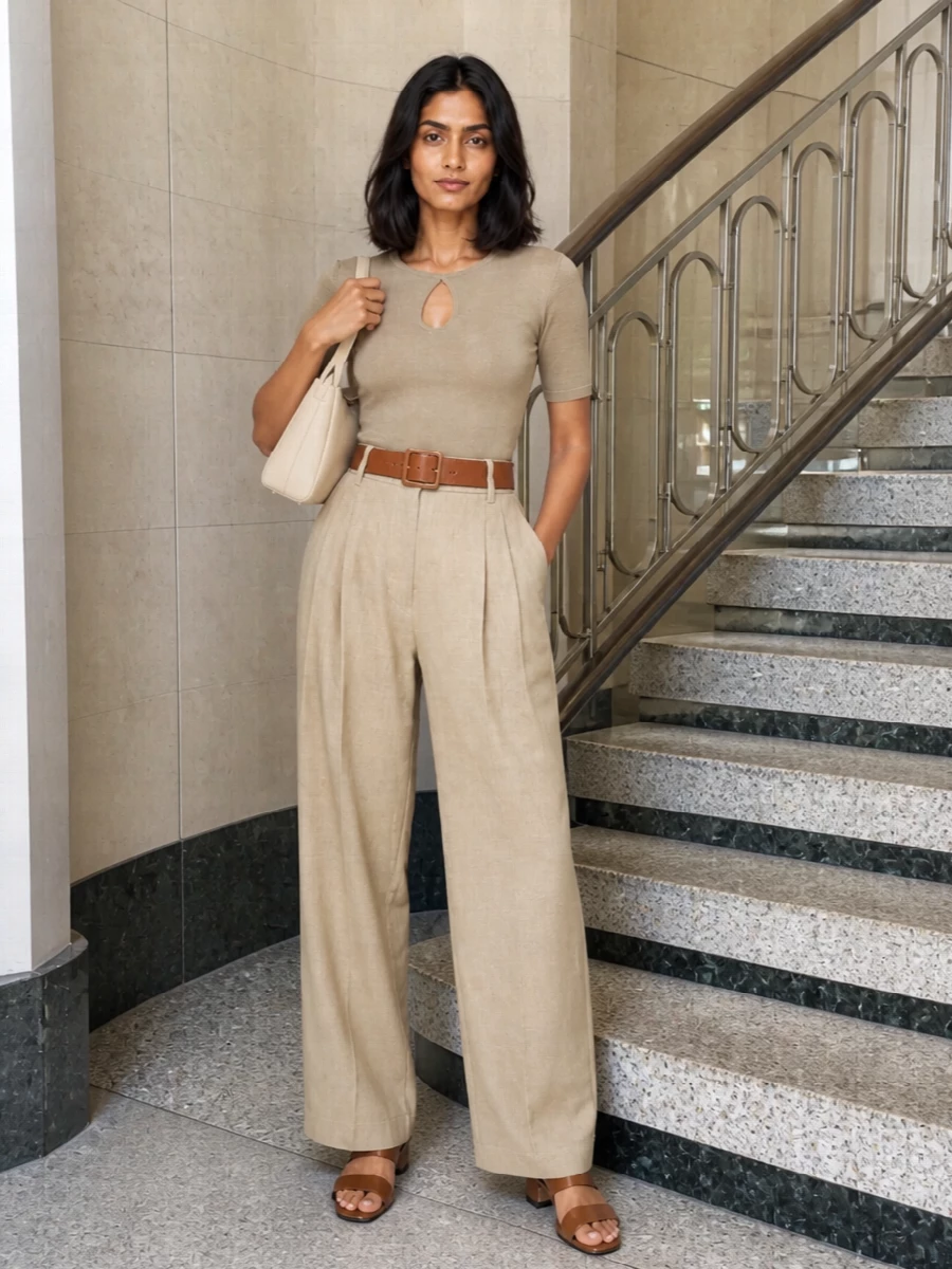 Max mara beige wide leg trousers outfit