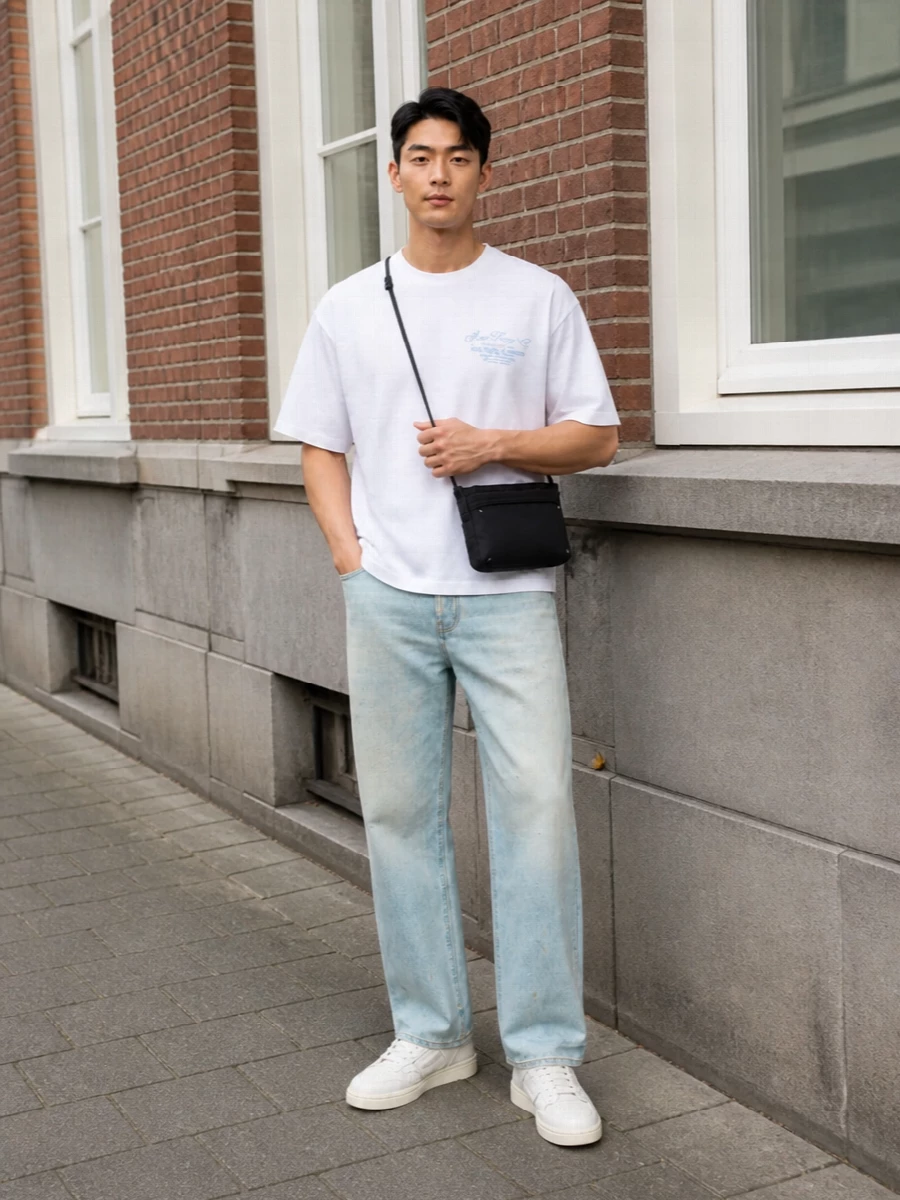 Amiri white tee light wash jeans sneakers