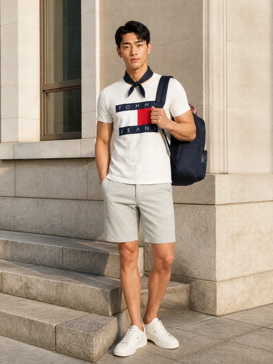 Tommy hilfiger flag tee chino shorts outfit