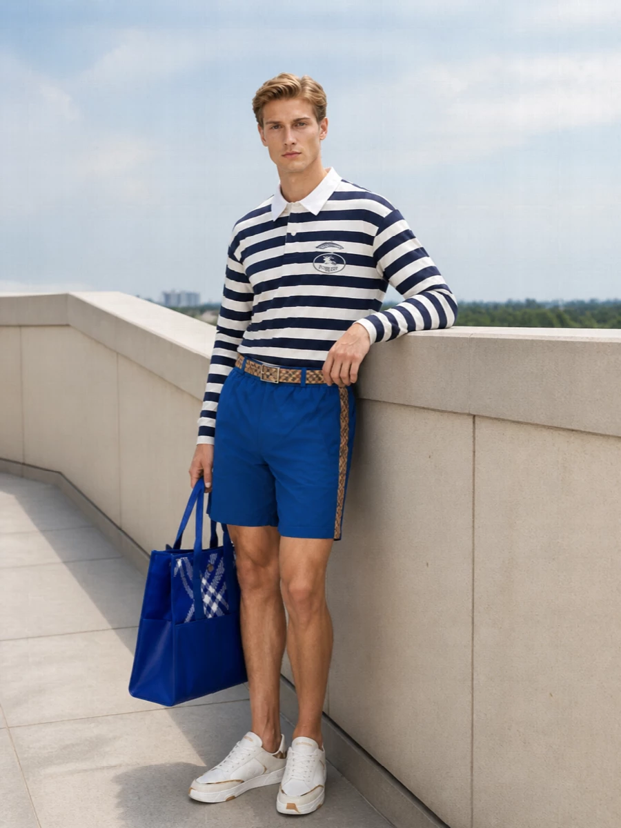Burberry cobalt shorts rugby top white sneakers