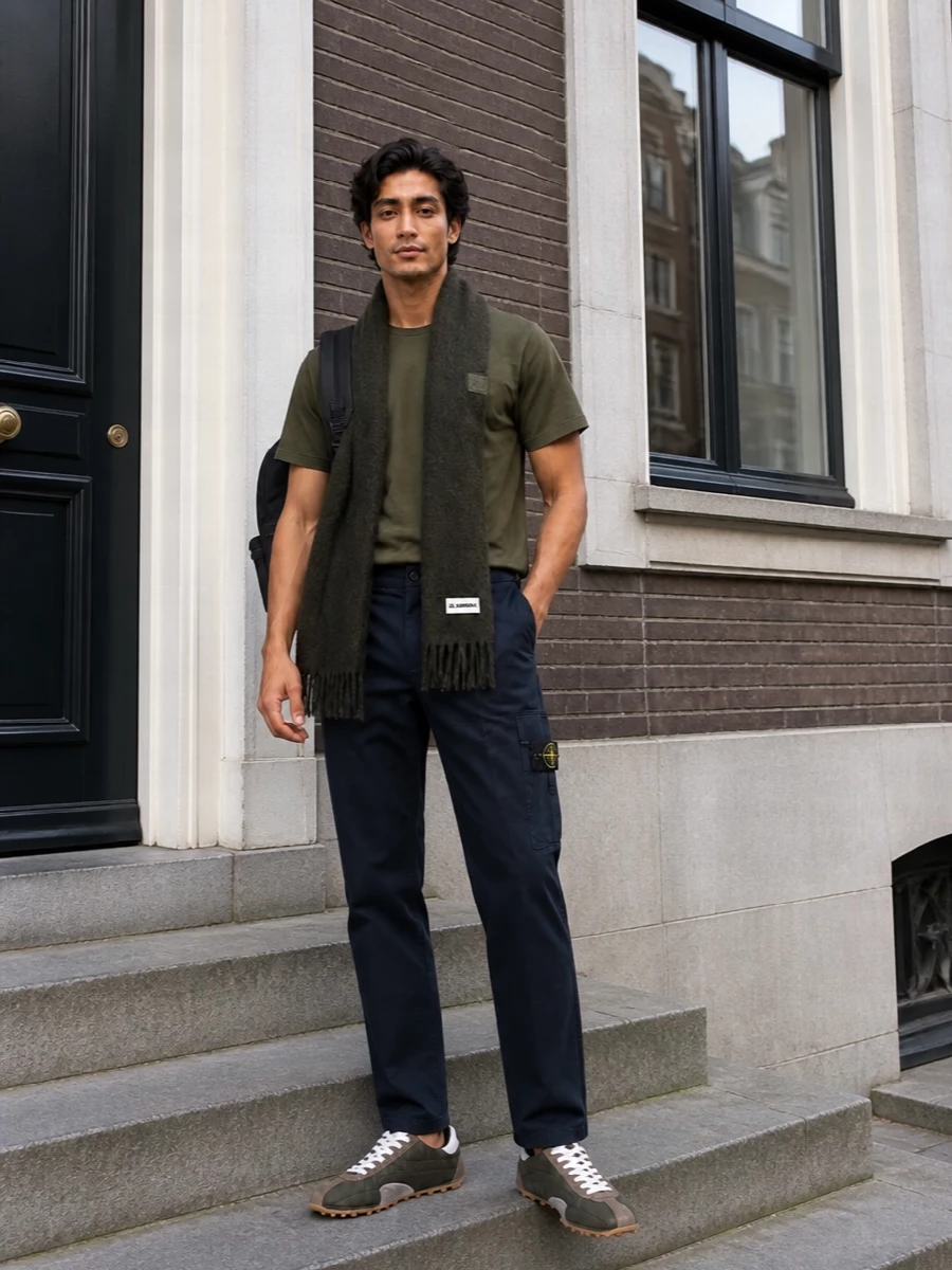 Stone island olive tee navy cargo outfit