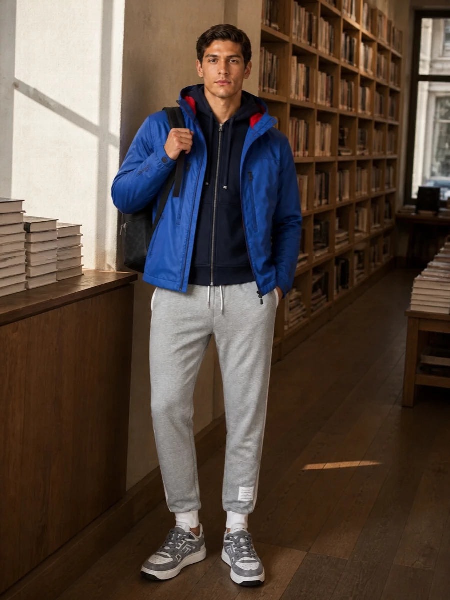 A cobalt Moncler shell sits over a navy Etro zip hoodie and light grey Thom Browne track pants for a sharp, technical take on city sport. Balmain runners and a charcoal Fendi backpack keep everything grounded in luxe performance without feeling overdesigned. The palette stays cool and restrained so the jacket’s blue and flash of red read as the clear focal point.