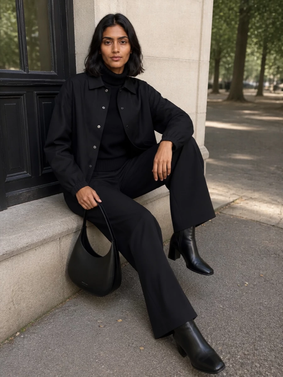 Jil sander black wide leg trousers outfit boots