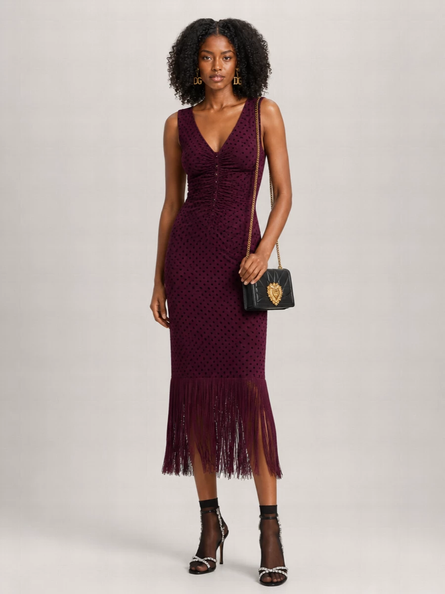 Dolce&Gabbana Silk Polka-Dot V-Neck Sleeveless Midi Dress