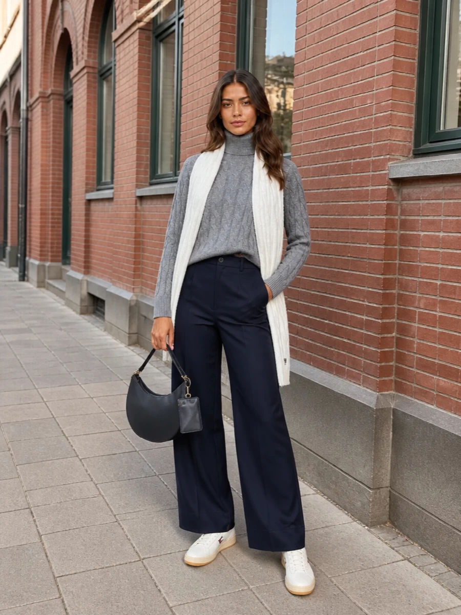 Tommy hilfiger cable sweater navy wide leg trousers