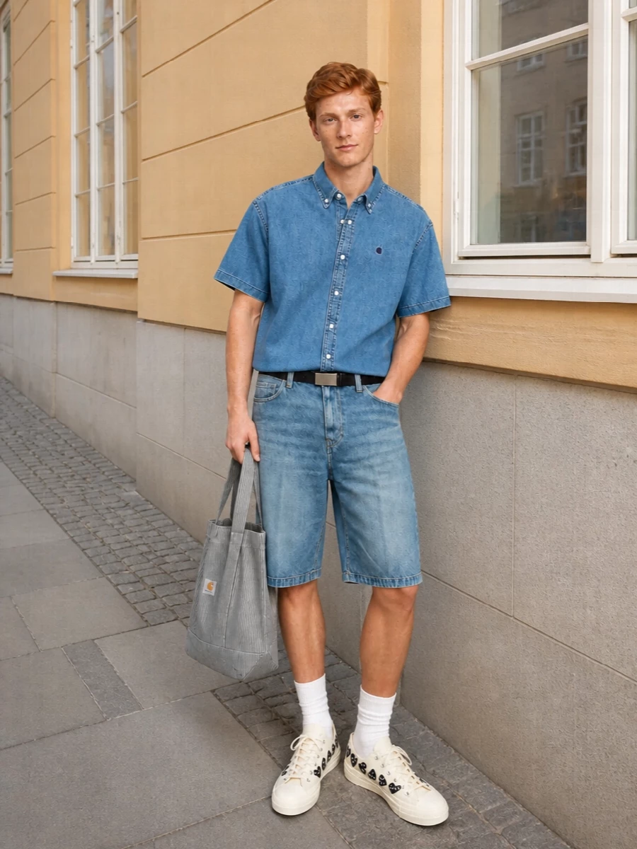 Carhartt WIP double denim goes easy and clean here, with a relaxed short-sleeve shirt up top and faded longline shorts for that skate-leaning proportion. Cream CDG sneakers and a striped Carhartt tote break up the blue with soft contrast, while a slim Margiela belt quietly sharpens the waist. The result feels off-duty and wearable, with just enough graphic detail to stay interesting.