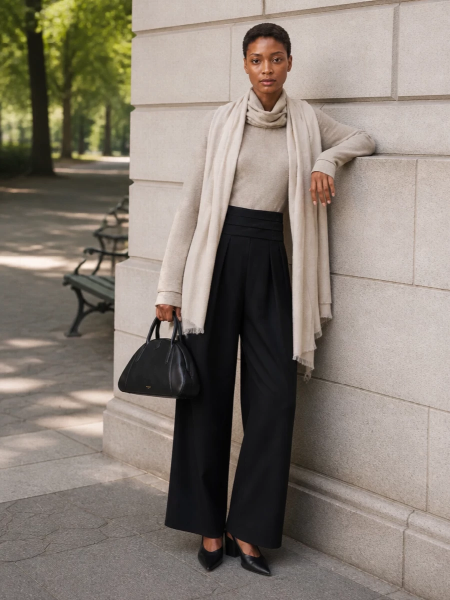 Alaia sweater black wide leg trousers outfit