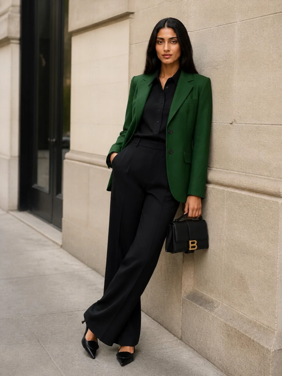 Jacquemus green blazer wide leg trousers outfit