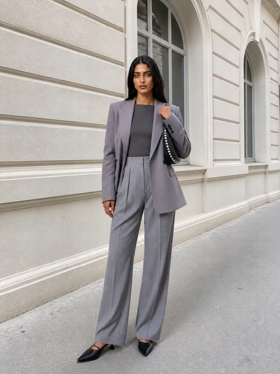 Jil sander grey blazer wide leg trousers outfit