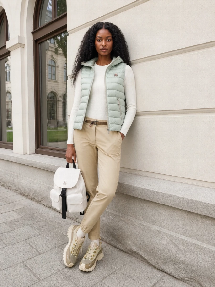 Moncler gilet ribbed sweater track pants outfit