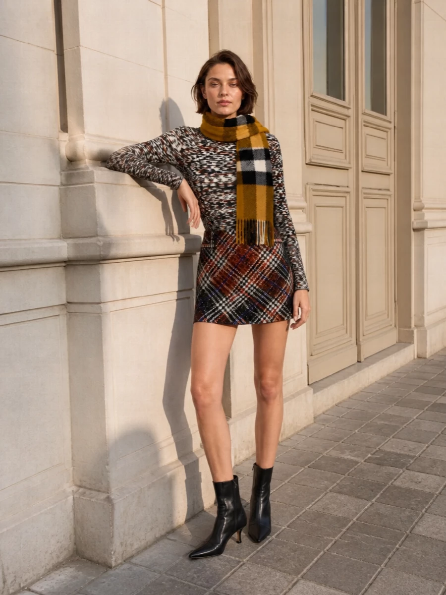 Missoni mini skirt knit top ankle boots outfit