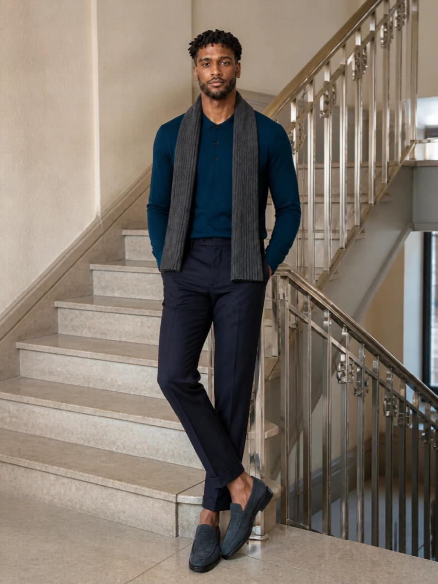 John smedley teal polo navy trousers outfit