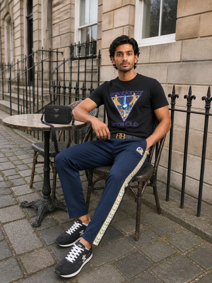 Casablanca graphic tee navy track pants outfit