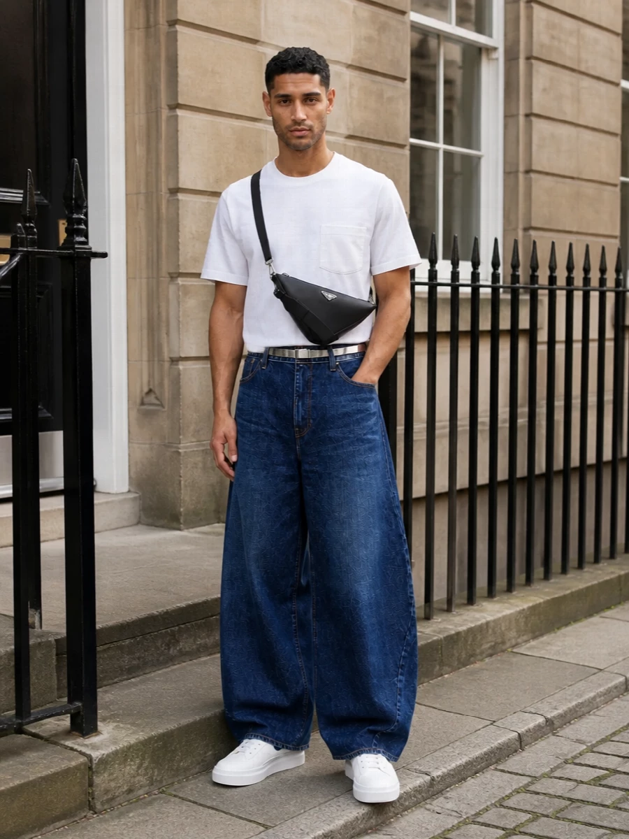 Dark indigo Sacai denim with a sculpted wide leg is sharpened by a boxy white tee, creating a clear, graphic play of volume and negative space. White leather sneakers with a navy heel tab quietly echo the denim, while a black technical crossbody and a slim engraved belt keep the mood precise, urban and low key. The result is refined Japanese streetwear that feels polished enough for the city but relaxed in attitude.
