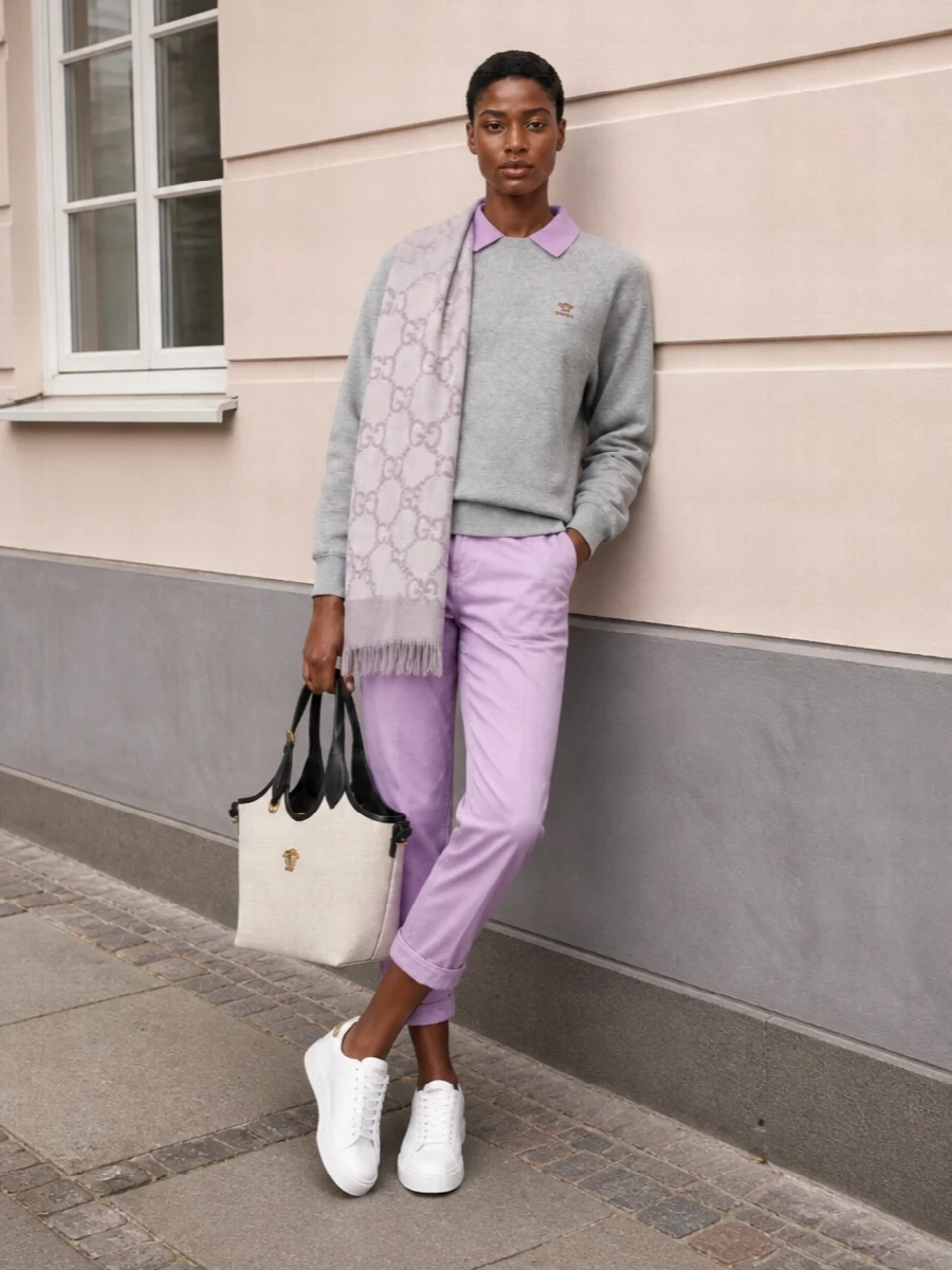 A heather grey Versace sweatshirt with its lilac collar pairs effortlessly with the cropped pastel trousers for a fresh, preppy take on casual city dressing. Clean white sneakers keep the mood relaxed while the structured tote and soft-toned scarf bring just enough polish for brunch, gallery days or low-key office Fridays. The proportions stay neat and streamlined so the color story does the talking.