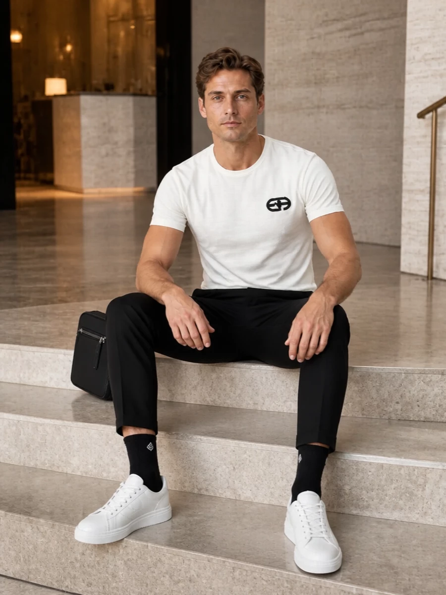 Emporio armani white tee black trousers outfit