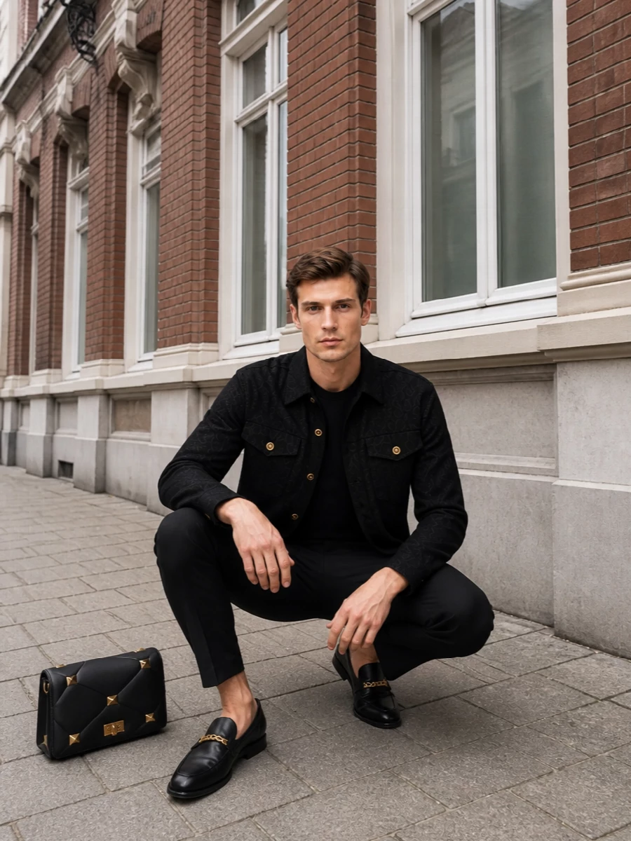 A monochrome baroque of textures and hardware, this outfit lets the jacquard shirt jacket lead over a disciplined black knit and razor trouser. Gold accents repeat through buttons, loafers and bag, giving a cohesive, nocturnal city uniform that reads confident without feeling loud. It is tailored enough for dinner or an art opening, with just enough street energy to move easily afterward.