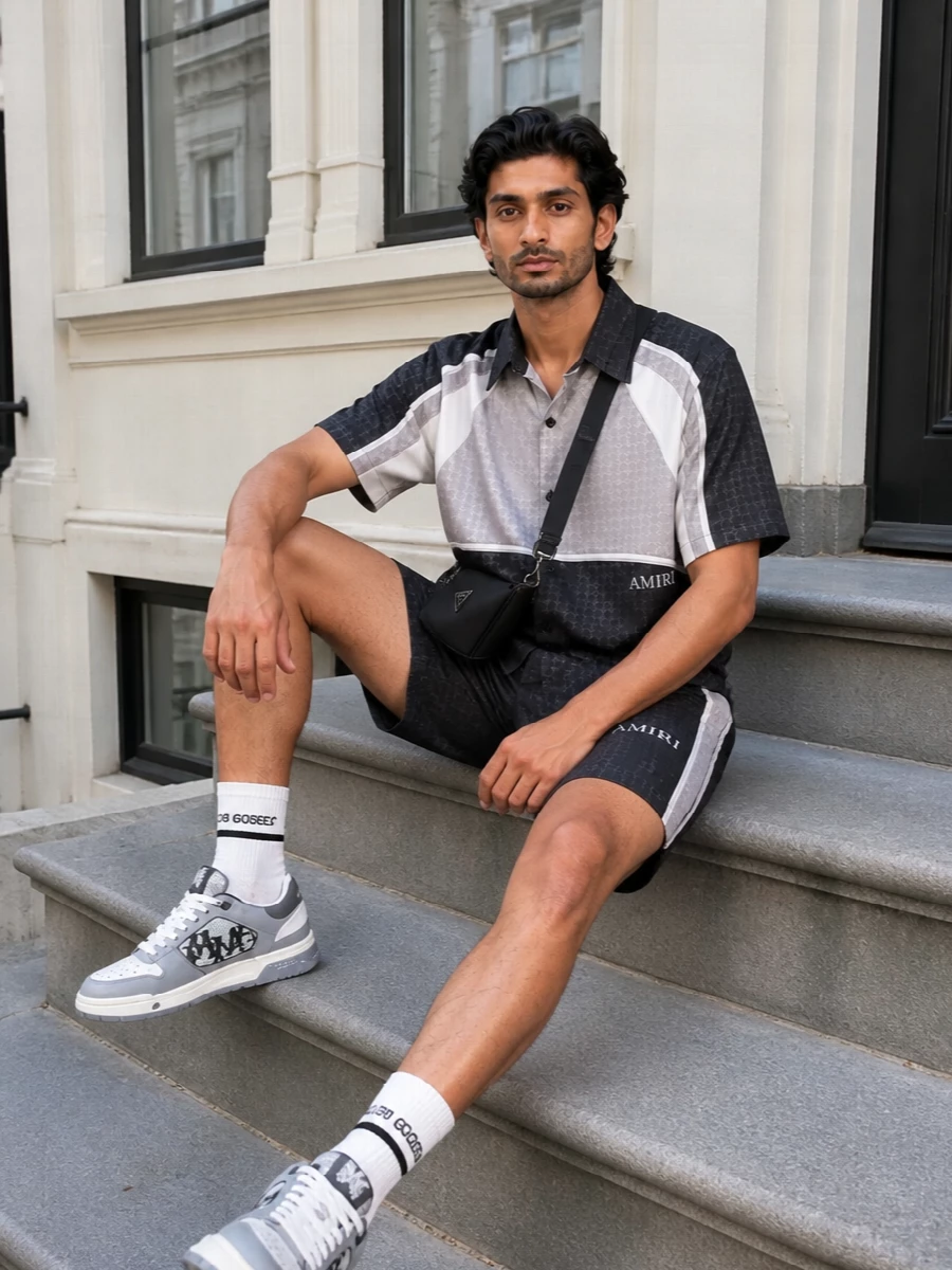 Amiri mesh shirt jacquard shorts prada bag