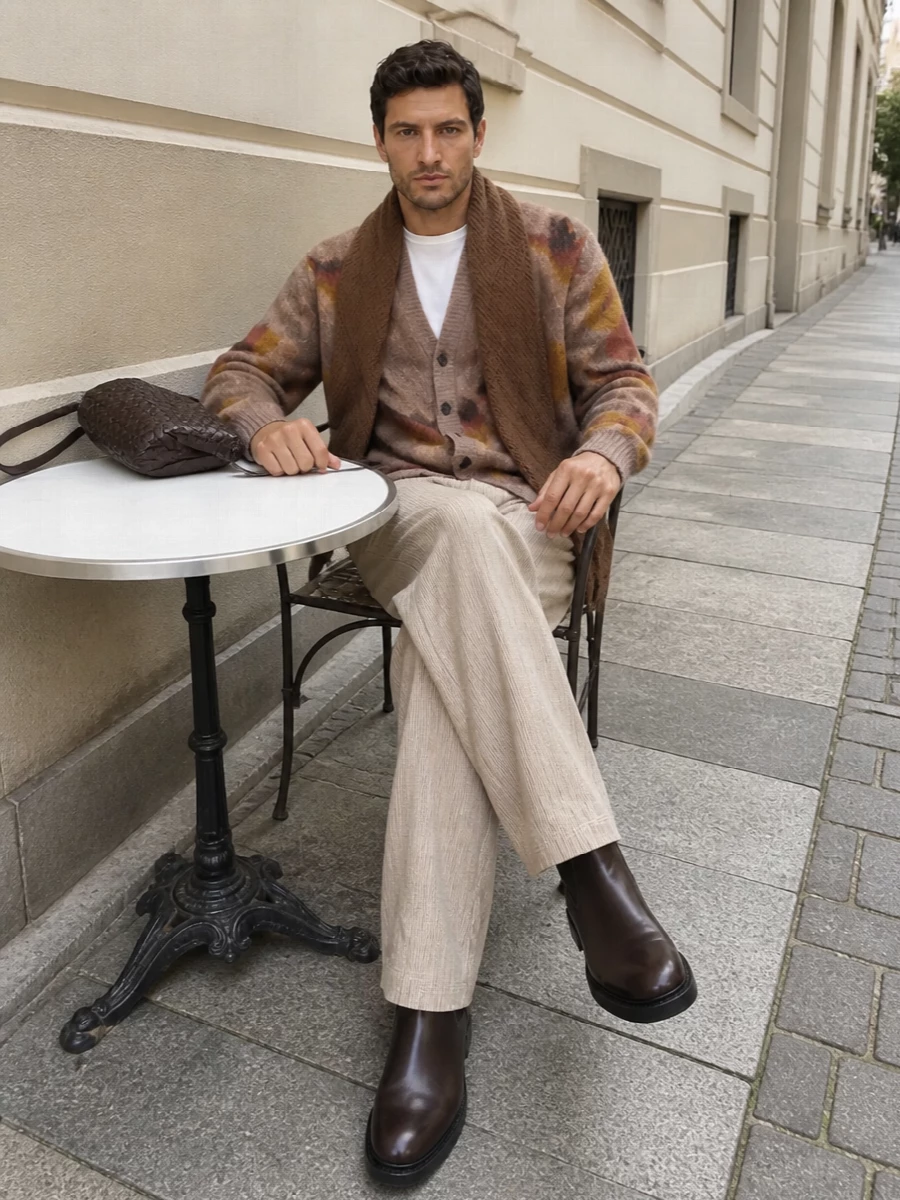 Etro cardigan bottega wide leg trousers outfit