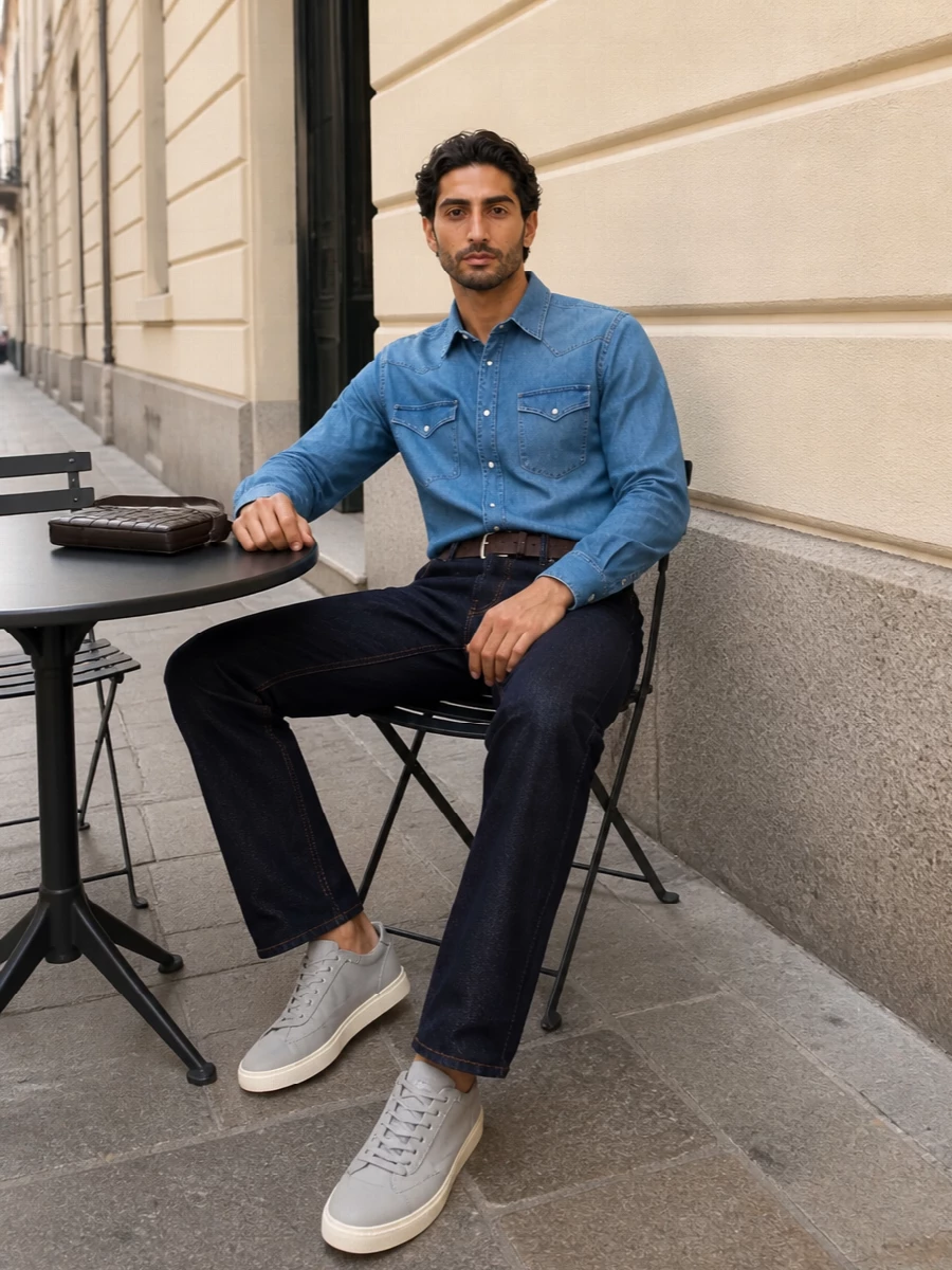 Brunello cucinelli denim shirt dark jeans outfit