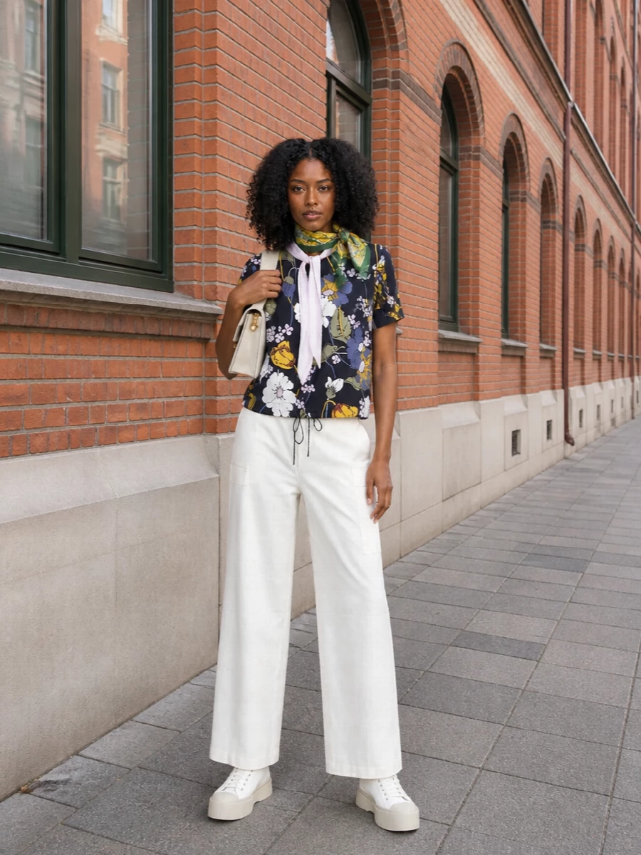 Marni’s floral blouse meets a clean ivory wide-leg trouser for a romantic yet precise summer outfit that feels artful but still city-ready. White platform sneakers keep it relaxed and contemporary, while a cream shoulder bag and a navy and marigold silk scarf reference the blouse’s palette in a subtle, pulled-together way. The result is graphic and feminine, with volume and color handled in a way that feels intentional rather than loud.