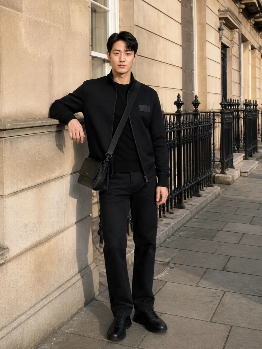 Givenchy black jacket sneakers crossbody outfit