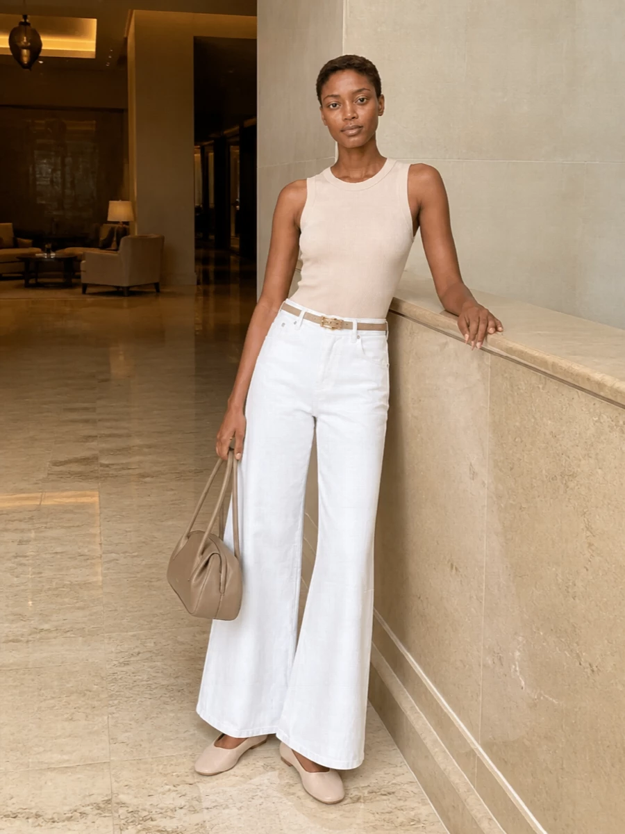 A soft nude tank paired with crisp wide-leg white trousers creates a long, clean column of neutrals with an easy, modern attitude. Blush slingback flats and a taupe shoulder bag keep everything light yet considered, while a slim nude belt quietly sharpens the waist. It is a quietly confident outfit for warm city days that slip into evenings without a change.