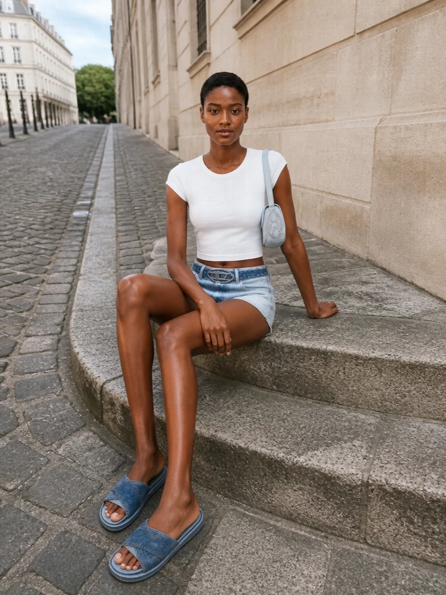 Faded high-rise shorts and a cropped white logo tee set a sharp, leggy base that feels clean but unapologetically Y2K. Denim platform slides keep it grounded in streetwear comfort, while the crystal-logo mini shoulder bag and denim belt pull the whole Diesel story together for city heat, festivals, and late beach days.