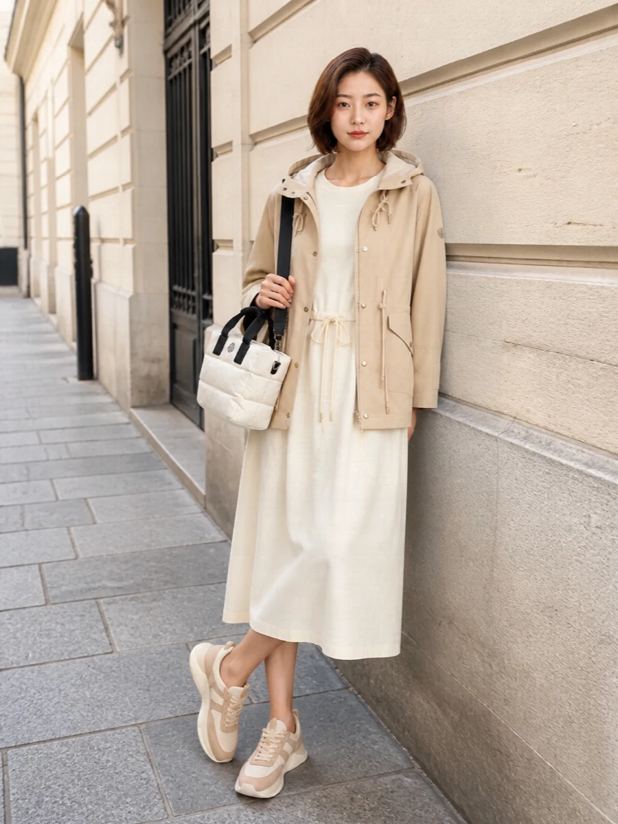 This look is a tonal, SS-ready Moncler story built around soft sand and ivory, pairing the boxy hooded jacket with a drawstring-waist midi T-shirt dress for an easy, quietly luxurious column. Sculpted cream sneakers keep the line sporty and modern, while the padded off-white tote nods to the brand’s puffer heritage and adds a considered, city-ready finish. I chose the dress path over separates to maintain a clean, uninterrupted silhouette that lets the outerwear and technical details feel elevated rather than overly casual.