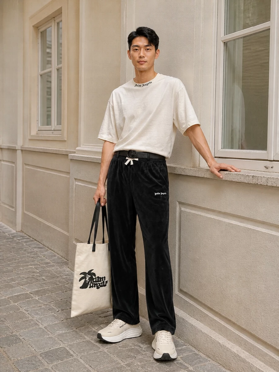 Palm angels off white tee black track pants outfit