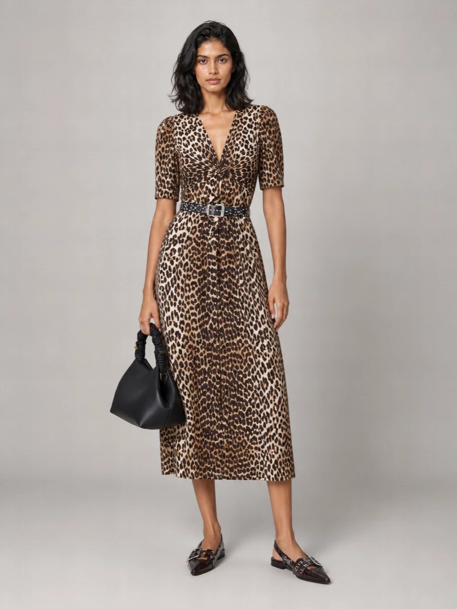 Ganni Organic Cotton Leopard-Print V-Neck Short-Sleeve Midi Dress