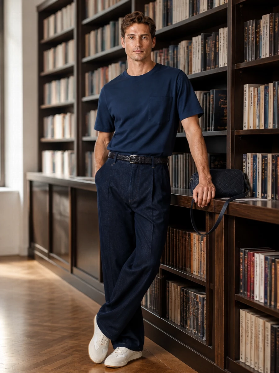Dries van noten navy tee wide leg denim runners