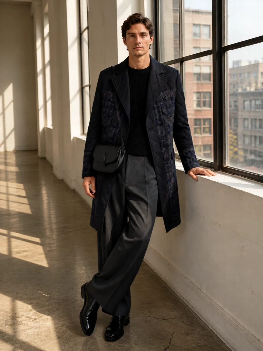 Junya watanabe coat wide leg trousers outfit