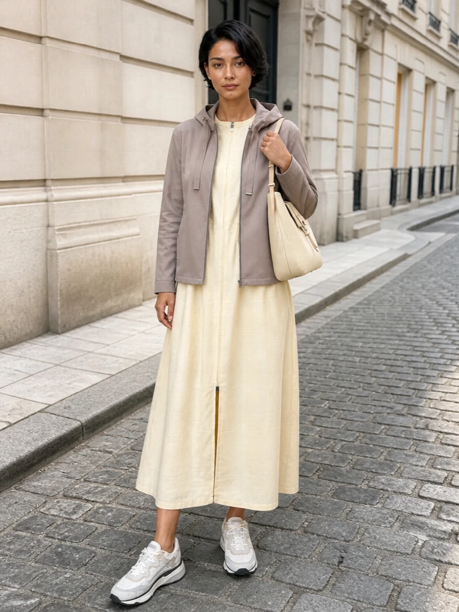 Herno neutral hooded jacket cream zip dress outfit