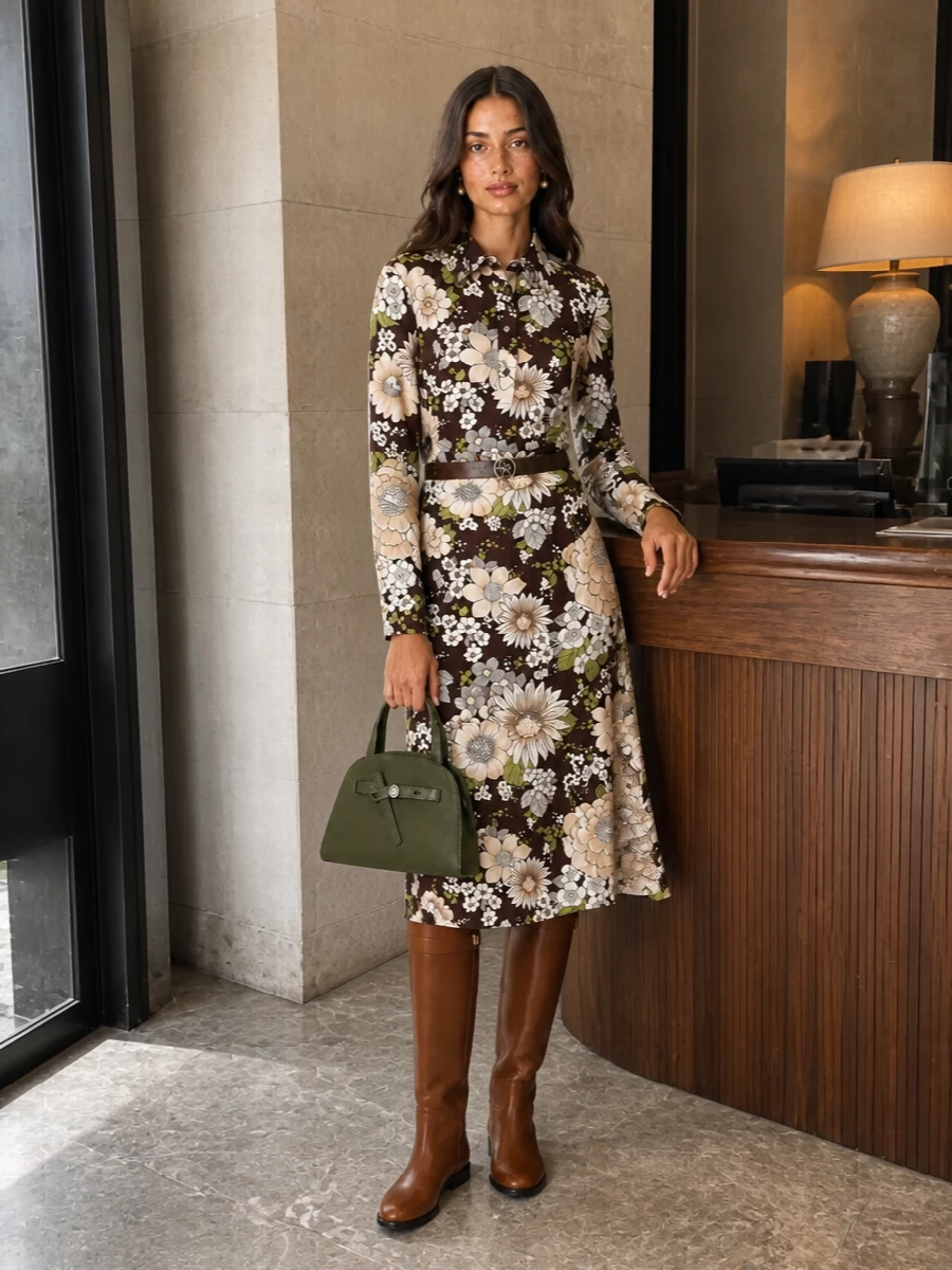 Tory burch floral midi dress riding boots