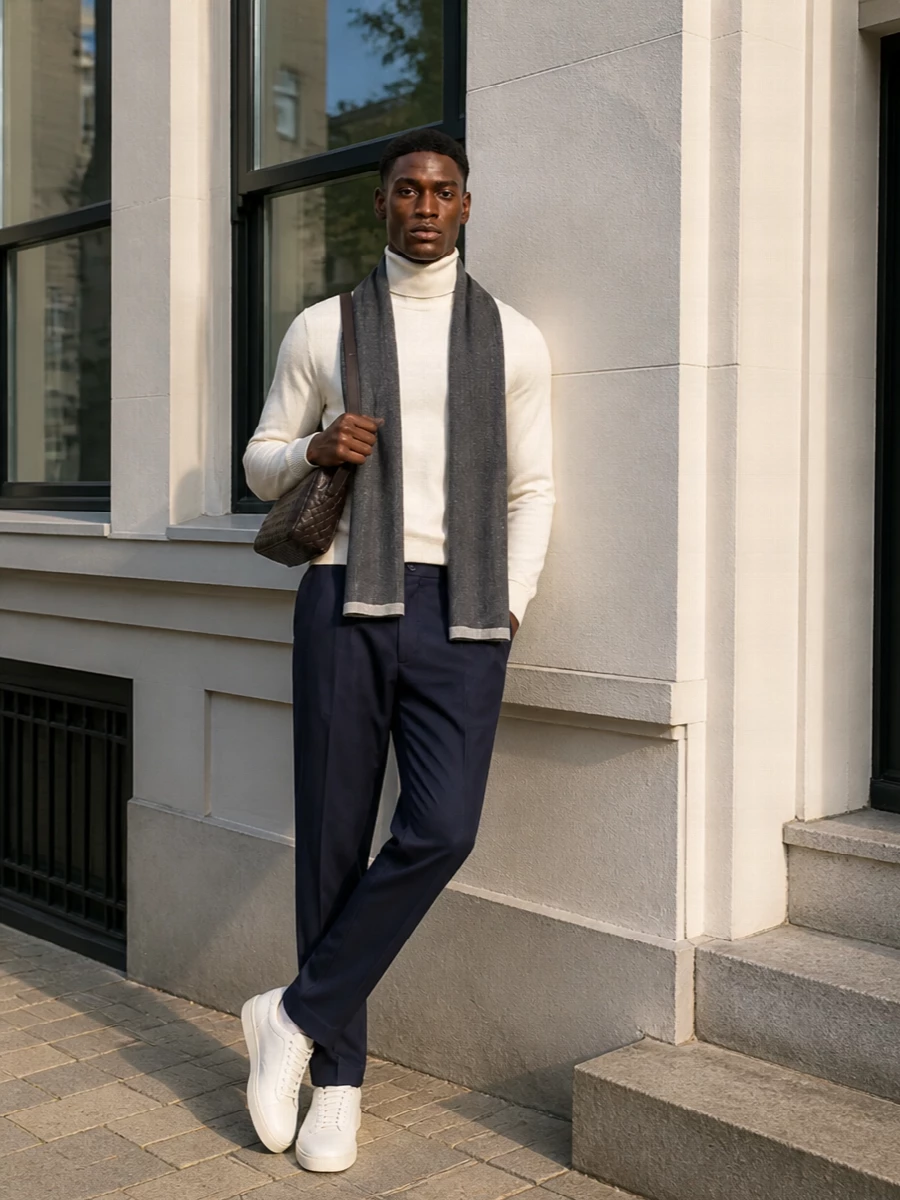 Lardini cream turtleneck brunello cucinelli navy trouser