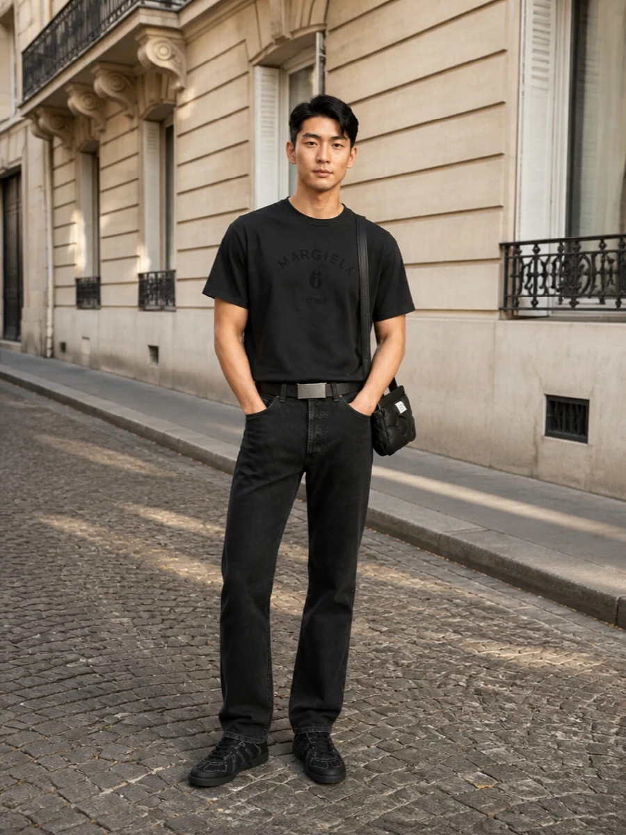Mm6 margiela black tee black jeans sneakers