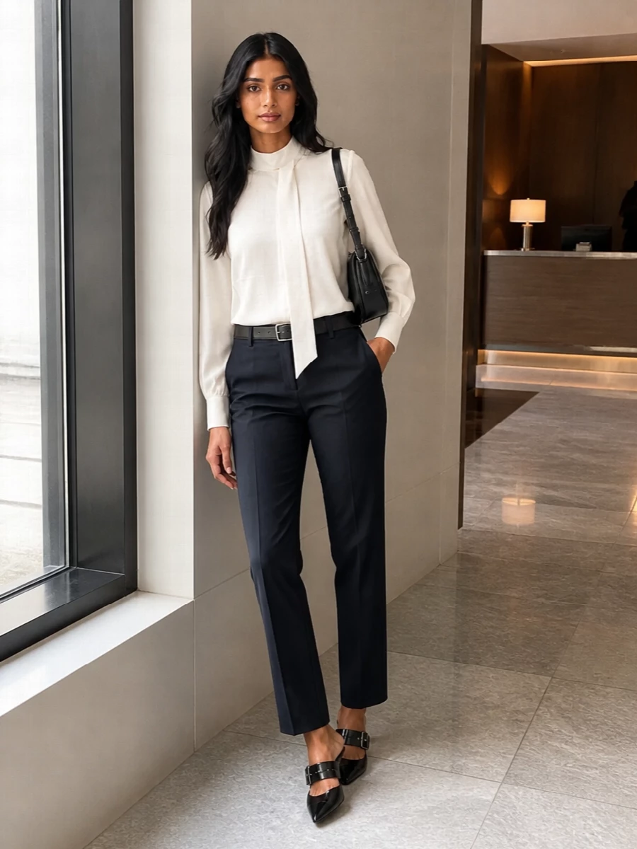 Alexander mcqueen navy trousers ivory blouse outfit
