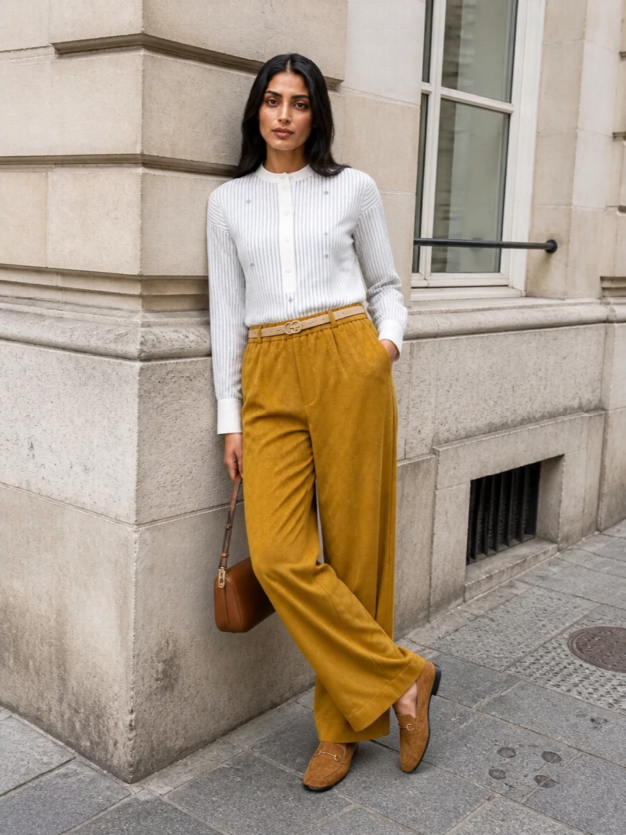 Gucci mustard wide leg trousers quiet luxury outfit