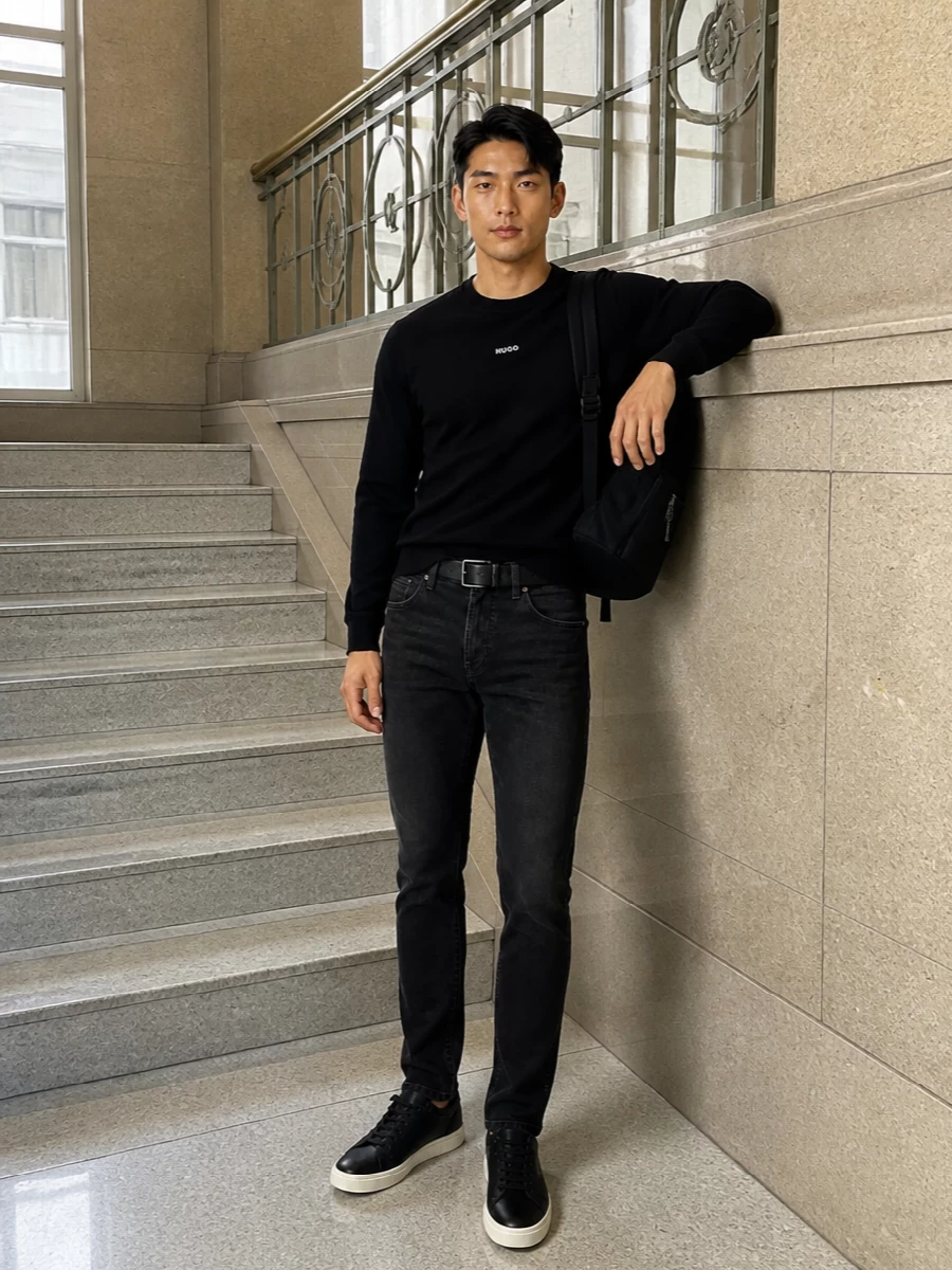 Hugo black logo tee slim black jeans sneakers
