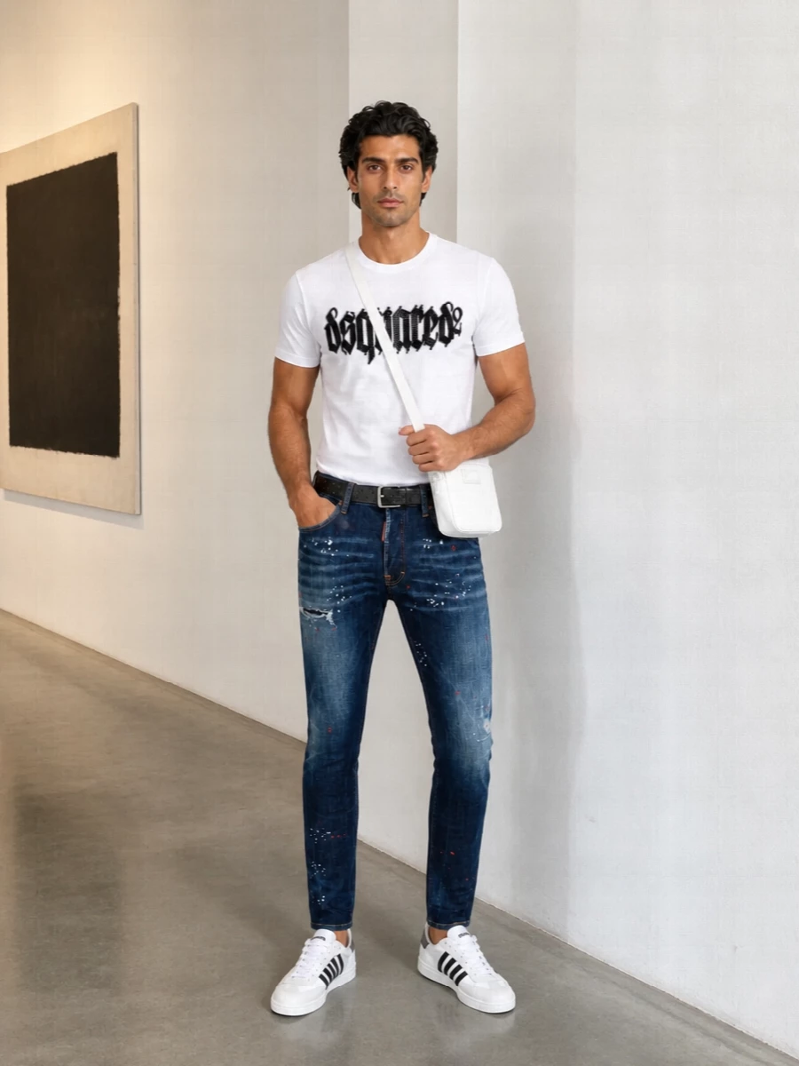 Dsquared2 logo tee slim distressed jeans outfit