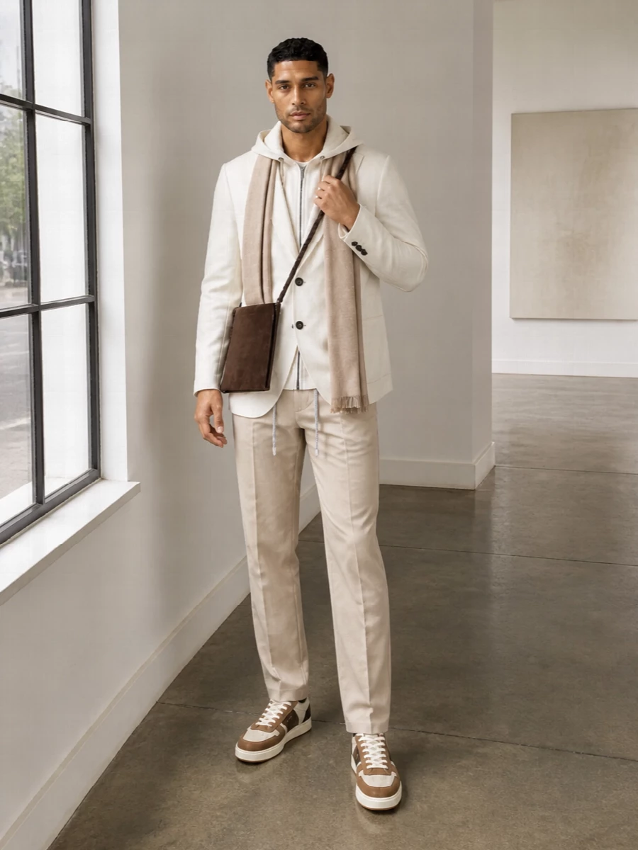 Eleventy hooded blazer beige trousers hogan sneakers