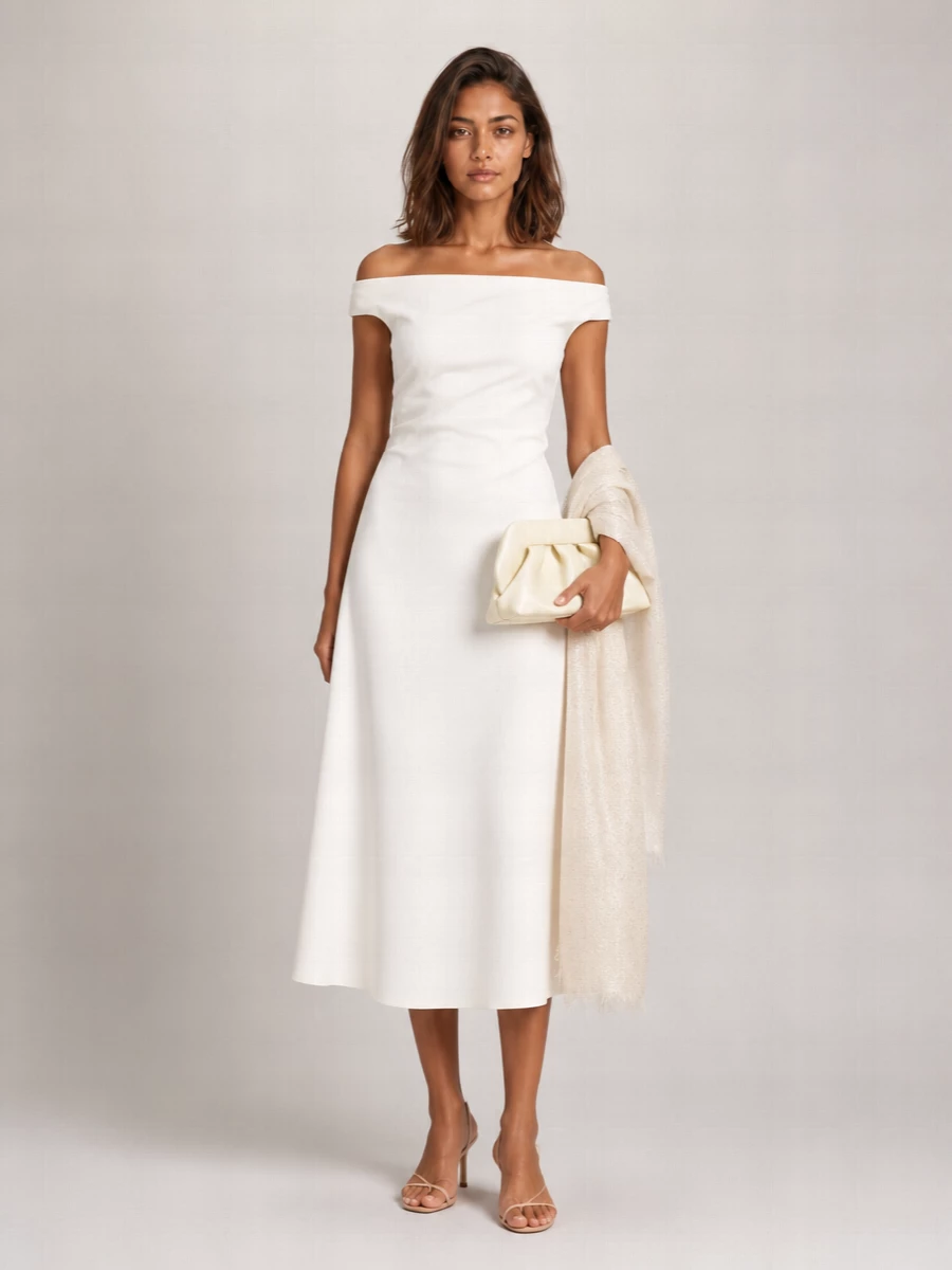 Parosh Draped Boat Neck Short Sleeve Midi Dress