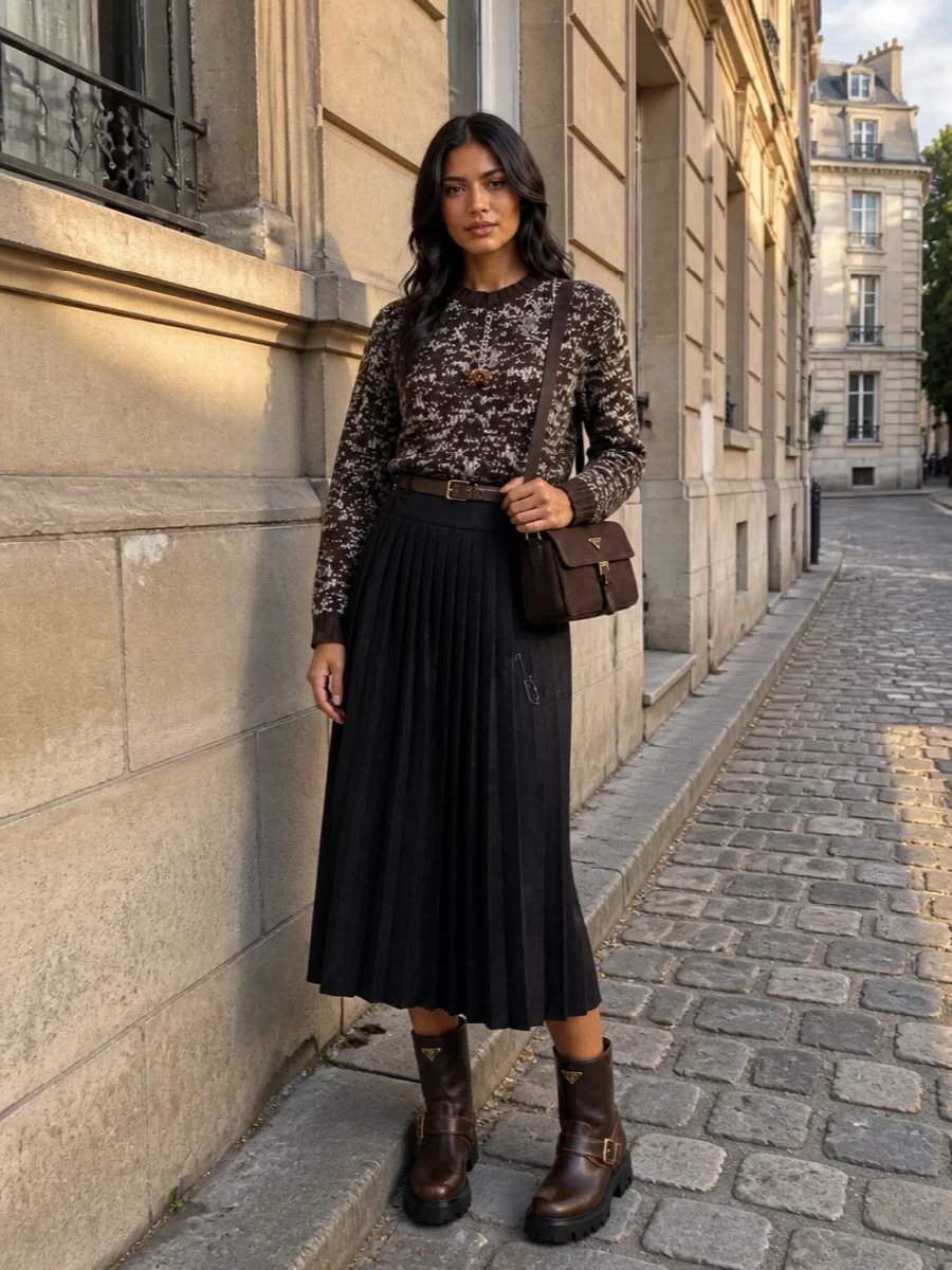 Prada brown sweater charcoal pleated midi outfit